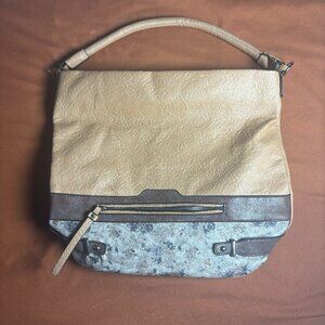 Neutral Tan Brown Blue Floral Tote Bag with Pockets and Zip Close 14x15in